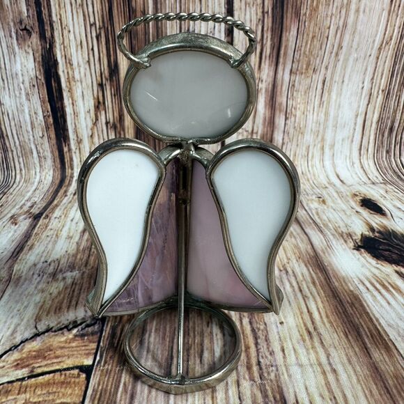 Vintage Stained Glass Angel Holding Candle Purple Blue Sun Catcher Free Standing - Picture 12 of 13